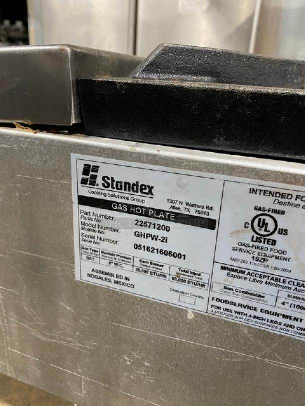 Standex gas hot plate, model GHPW-2i, serial 051621606001, assembled in Nogales, Mexico. Part number 22571200. UL listed.