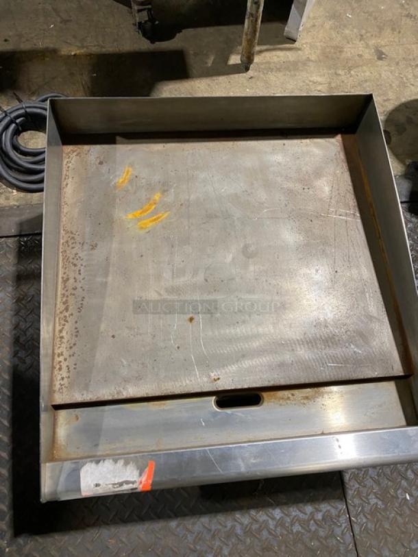 Metal industrial tray with drawer, slight rust and scuffs, visible handle, sticker with red marking, used condition.