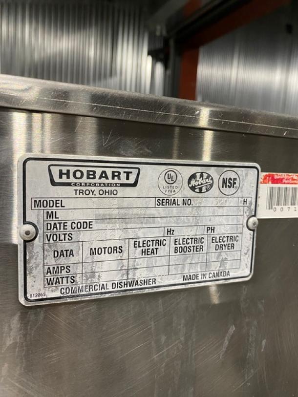 Hobart commercial dishwasher label, featuring model and serial number spaces, electrical specifications, and NSF certification.