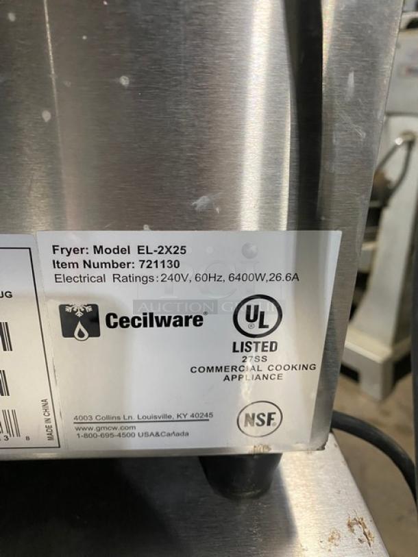 Cecilware Fryer Model EL-2X25, Item 721130; 240V, 60Hz, 6400W, UL and NSF listed commercial appliance.