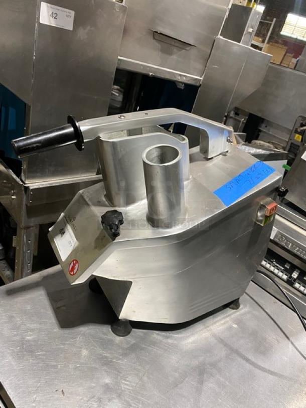 Stainless steel commercial food processor with safety handle and chute, model number 72-402-230. Used condition.