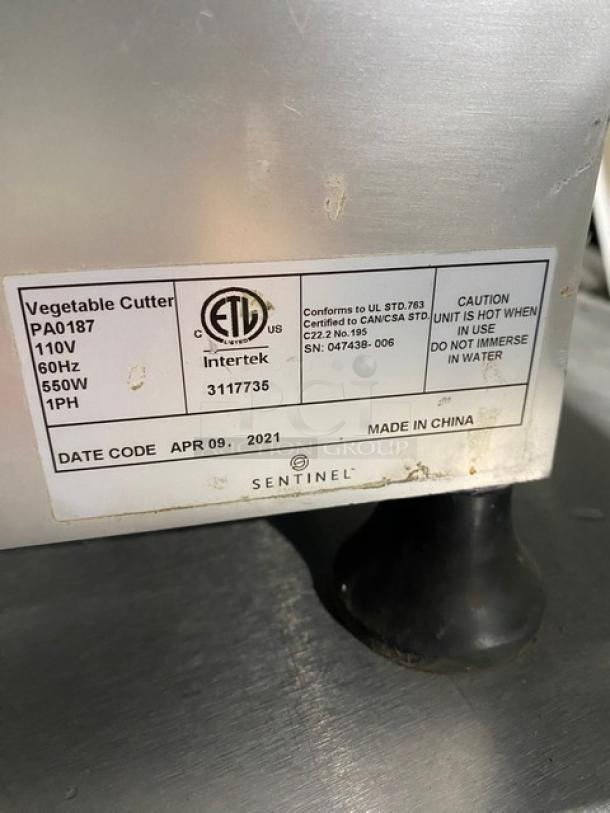 Vegetable Cutter Sentinel PA0187, 110V, 550W, ETL certified, caution label, made in China, date code April 9, 2021.