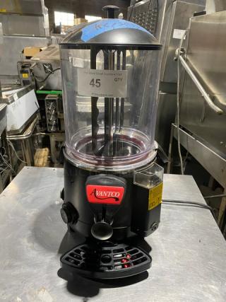 Avantco beverage dispenser with transparent chamber, black base, and control knob. Label indicates model and auction details.