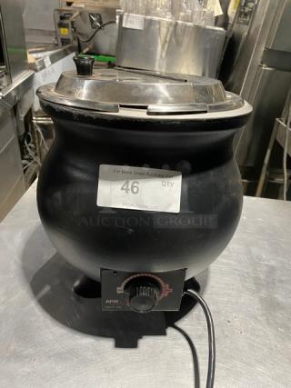 APW soup kettle warmer with lid and temperature control, black finish, marked "46 QTY" on label, used condition.