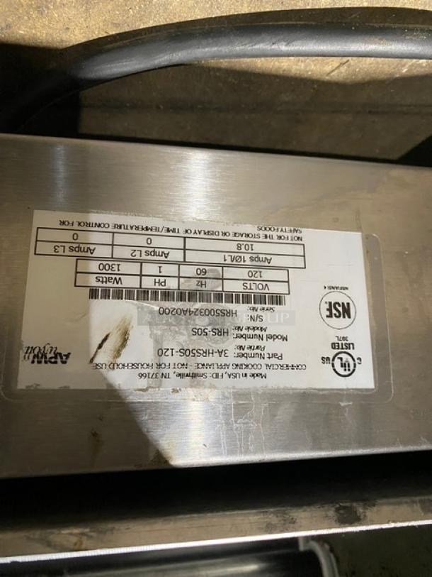 Hatco food warmer, model RFS-505, 120V, 1300W, stainless steel, visible label with electrical specs, good condition.