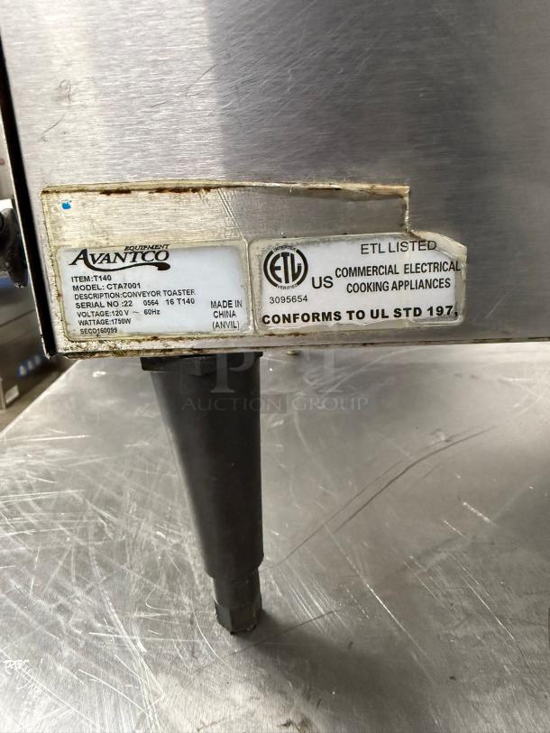 Avanto conveyor toaster model CTA7001, 1750W, 120V, ETL listed. Serial: 22-0564 16 T140. Made in China, conforms to UL std 197.