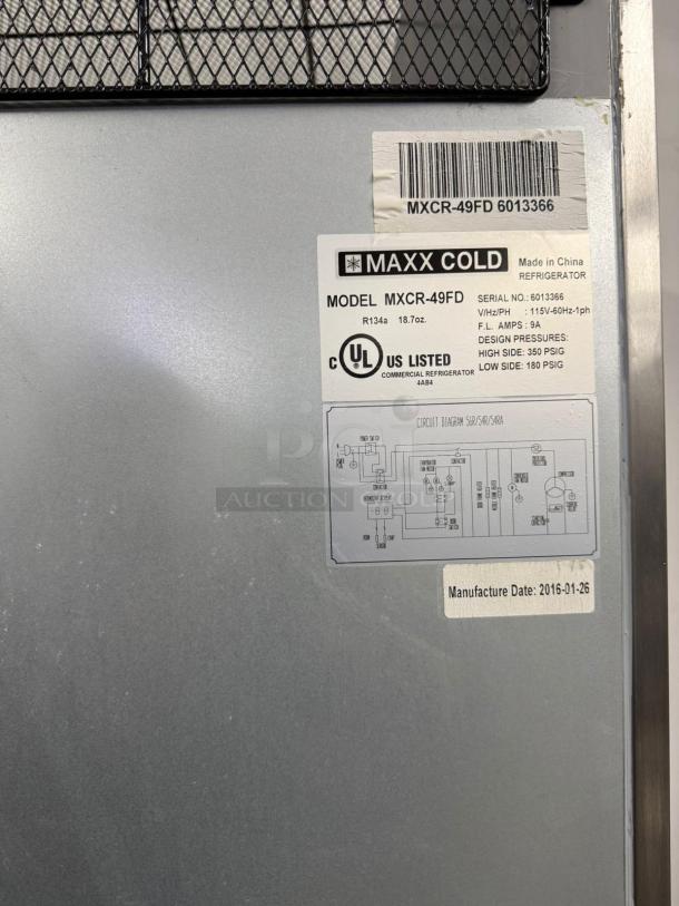 Maxx Cold refrigerator, model MXCR-49FD, UL listed, made in China. Label shows serial number, power specs, and manufacture date: 2016-01-26.