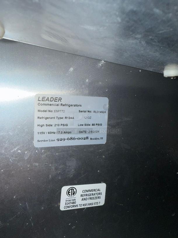 Leader commercial refrigerator label, model ESPT72, serial RLO14924. Specs: 115V, R134A refrigerant, ETL certified.
