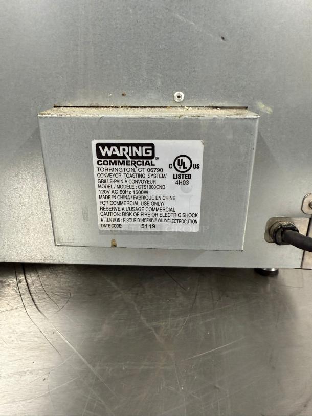 Waring commercial conveyor toasting system, model CTS1000CND, 120V, 1500W, for commercial use, UL listed, date code 5119.