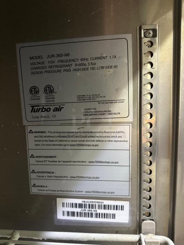 Turbo Air model JUR-36S-N6 label, 115V, 60Hz, R-600a refrigerant, warning for chemical exposure, barcode visible.