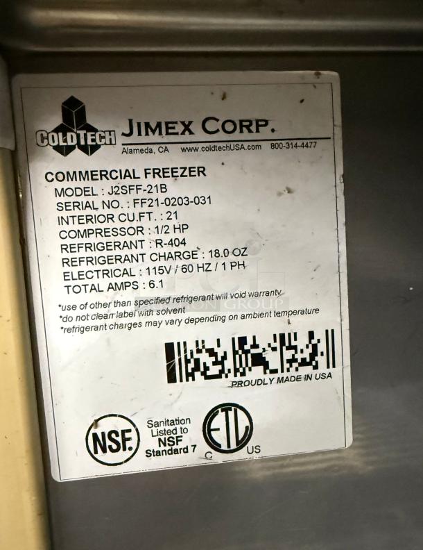 Jimex Corp. ColdTech commercial freezer label, model J2SFF-21B, 21 cu. ft., 115V, 60Hz, 1/2 HP compressor, R-404 refrigerant.