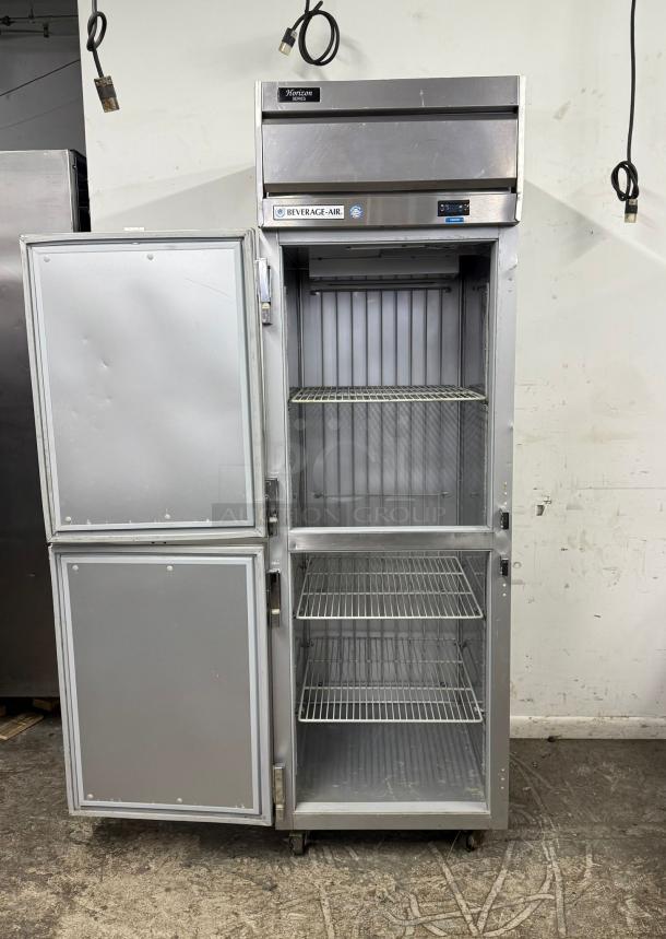 Commercial refrigerator, Horizon series by Beverage-Air. Double door, stainless steel, wire shelving, used condition.