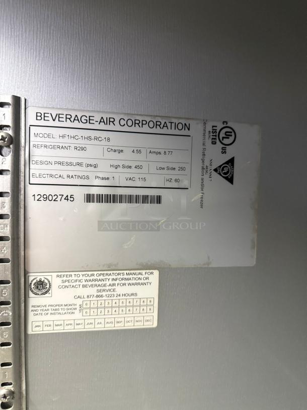 Beverage-Air Corporation label on refrigeration unit showing model HF1HC-1HS-RC-18, refrigerant R290, and electrical specs.