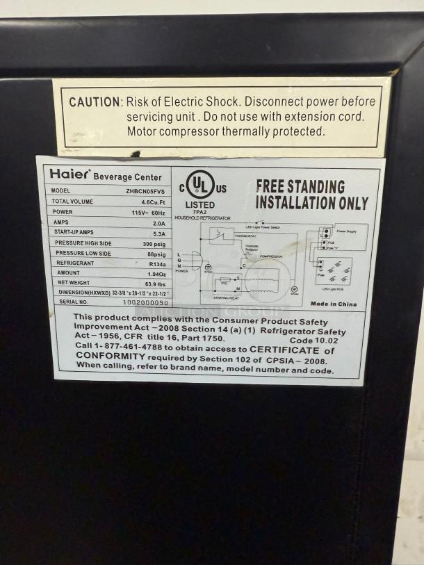 Haier beverage center label showing model ZHBCN05FVS, 4.6Cu.Ft capacity, 115V, and installation warnings.