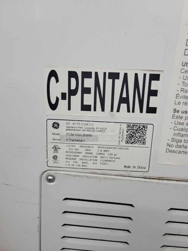 GE Appliances refrigerator label showing model FCM16SLBWW, serial FT904687, and refrigerant R600A.