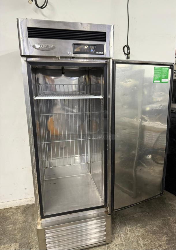 Maximum commercial stainless steel freezer, model MXCR-49FD, with digital controls, single glass door, and interior wire shelves.