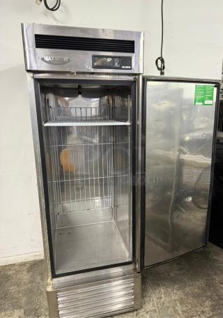 Maximum commercial stainless steel freezer, model MXCR-49FD, with digital controls, single glass door, and interior wire shelves.