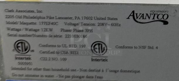 Avantco equipment label with Clark Associates info. Model 177EF40C, 12KW, 3PH, 208V-60Hz. Serial 2210030186. ETL, NSF certified.