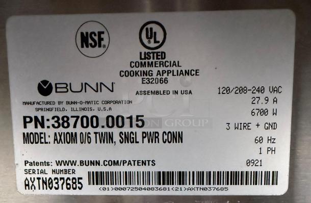 Bunn Axiom 0/6 Twin commercial appliance label, UL and NSF listed, model PN:38700.0015, 120/208-240 VAC, 6700W.
