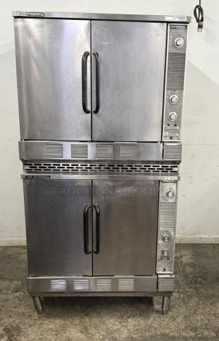 Stainless steel Market Forge convection oven, dual compartments, used condition, temperature dials, high efficiency label.