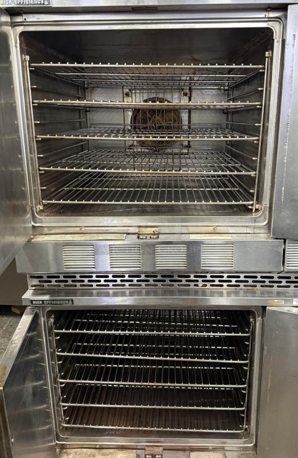 Commercial stainless steel double convection oven, high efficiency, multiple racks, good condition.