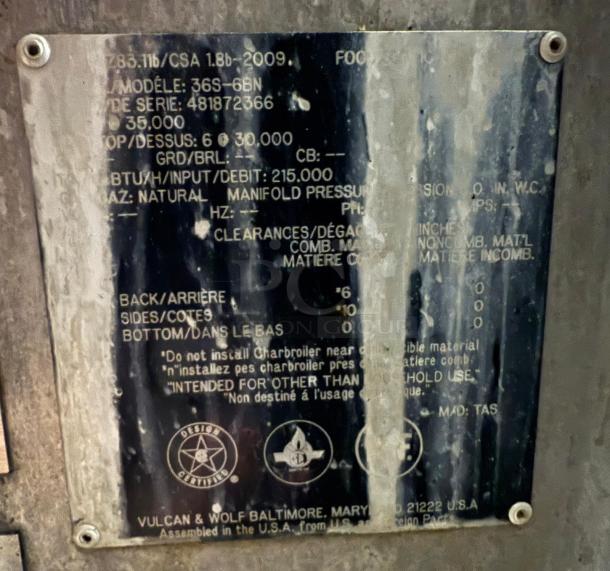 Metal plate with specifications for a Vulcan charbroiler, model 36S-6BN, serial 48187366, 215,000 BTU, natural gas.
