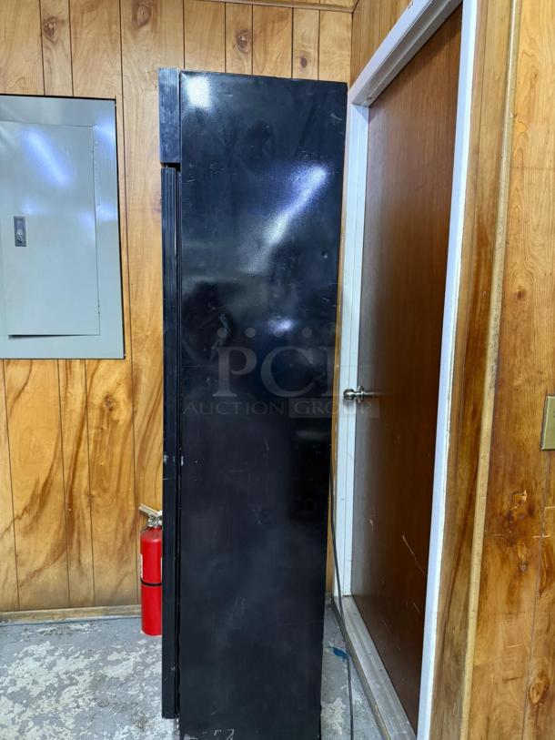 Galaxy GDN-5 16 9/16" Black Swing Glass Door Merchandiser Refrigerator with Red, White, and Blue LED Lighting - Image 2 of 4