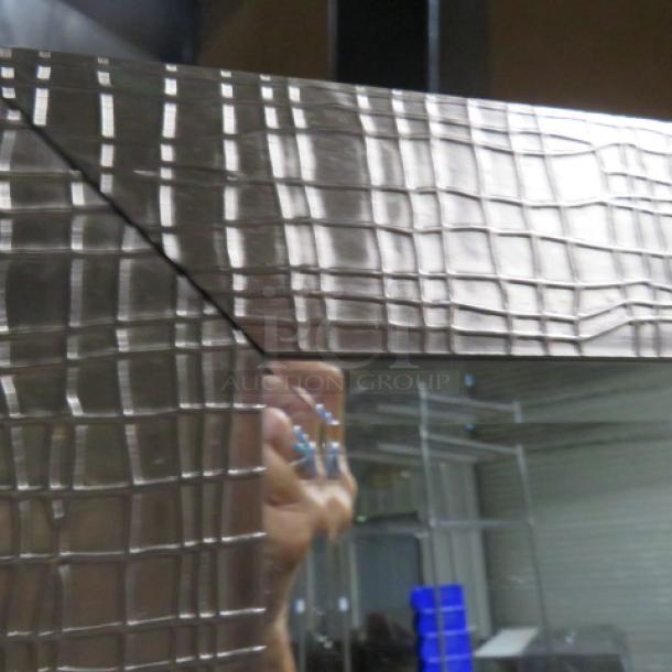Framed floor-length mirror with textured metallic border, dimensions 29x65 inches, in excellent condition.