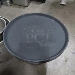 16-inch round waitress tray, black, used condition, durable, ideal for restaurant service, minor surface wear visible.