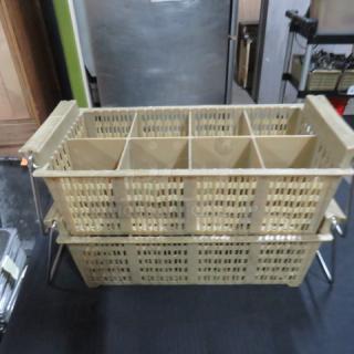 Flatware dishwasher rack, model 2XBID, beige plastic with metal supports, multiple compartments, good condition.