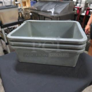 Assorted bussing tub stack, gray plastic, used condition, ideal for restaurant or catering use. Marked 3XBID.