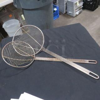 Two Deep Fry Scoops, metal mesh design, long handles, good condition, ideal for frying tasks.