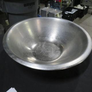 16-inch stainless steel mixing bowl, used condition with surface wear, labeled 2XBID.