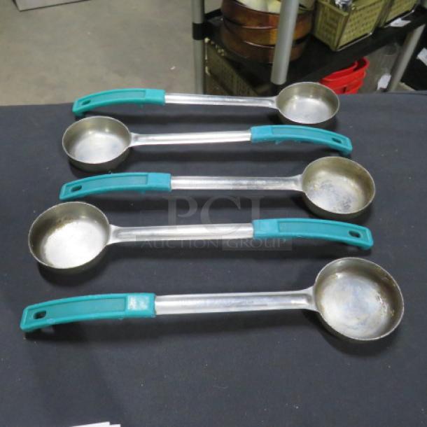 Set of five 4oz spoodles with teal handles, stainless steel, used condition, suitable for portion control.