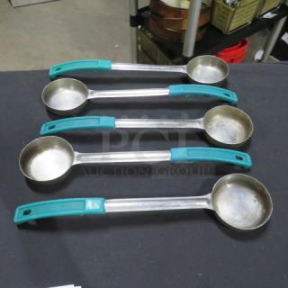 Set of five 4oz spoodles with teal handles, stainless steel, used condition, suitable for portion control.