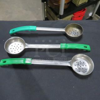 Three 4oz perforated spoodles with green handles, stainless steel construction, used condition.