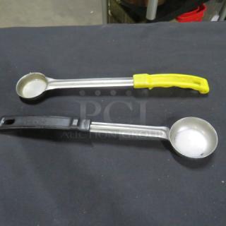 Two assorted spoodles with stainless steel bowls, one with a yellow handle, the other with a black handle, in good condition.
