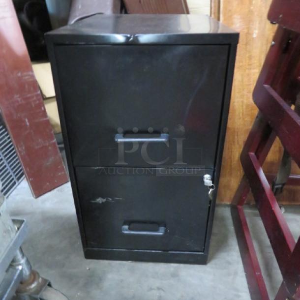 Black metal 2-drawer file cabinet with key, 14.5x18x25 inches, showing some surface scratches.