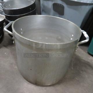 One 20 Quart Aluminum Stock Pot, featuring sturdy handles, visible wear, ideal for large batch cooking.