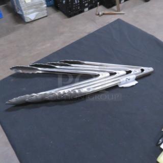 12-inch stainless steel tongs with scalloped edges. Model 5XBID. Appears in excellent condition.
