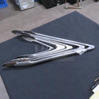Assorted stainless steel tongs set, including 5 pieces. Made from durable stainless steel, lightly used condition.