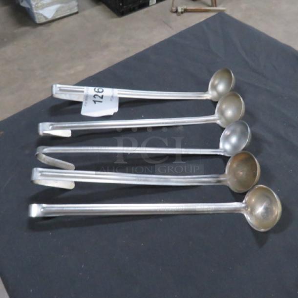 Stainless steel ladle set, 1oz capacity, showing five pieces. Durable, rust-resistant, with hooked handles for easy storage.