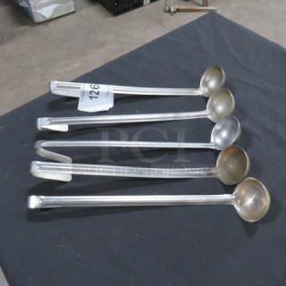 Stainless steel ladle set, 1oz capacity, showing five pieces. Durable, rust-resistant, with hooked handles for easy storage.