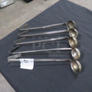 Set of five 1oz stainless steel ladles, each with long handles. Slightly used, marked 5XBID with lot number visible.