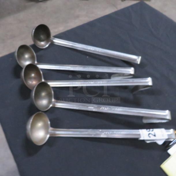 Five 2oz stainless steel ladles, lightly used, in good condition. Ideal for serving, sturdy design, marked as 5XBID.