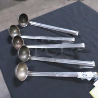 Five 2oz stainless steel ladles, lightly used, in good condition. Ideal for serving, sturdy design, marked as 5XBID.