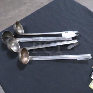 Stainless steel ladles with 2oz capacity, four pieces, sturdy design, inscription "4XBID" visible on handle.