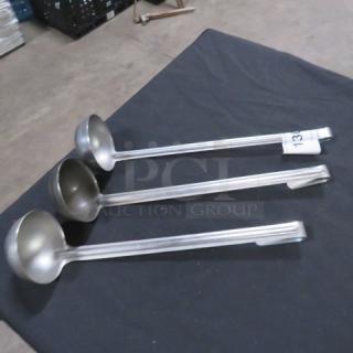Three 4oz stainless steel ladles with long handles, in good condition, displayed on a dark cloth. Marked "3XBID 13."