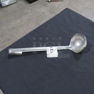 8oz stainless steel ladle with long handle on black surface; visible tag labeled "137."