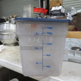 18-quart food storage container with lid, marked with measurements, good condition, perfect for kitchen use.